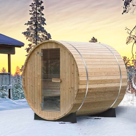 WOODBRIDGE 2-Person Luxury Finland Thermo Pine Outdoor Barrel Sauna with Half View Window,Harvia Electric Heater with Sauna Stone, Sauna Accessories Kit and Asphalt Shingle Roof, 4'x6', OBS1812 WOODBRIDGE