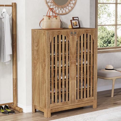 Tribesigns Shoe Cabinet with Slatted Doors, 6-Tier Entryway Shoe Storage Rack Organizer with Adjustable Shelves for Living Room, Bedroom, Oak Tribesigns
