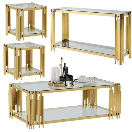 Goujxcy Gold Coffee Table Set of 4 Luxury 2-Tier Black Glass Coffee Table Console Table & 2 End Table w/Mirrored Stainless Steel Frame 4 Pieces Living Room Table Set for Home Office Goujxcy