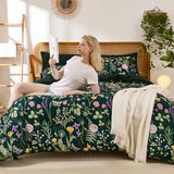 Yiran Floral Full Size Comforter Set, 7 Piece Dark Green Comforter Bedding Set, Spring Bed in a Bag Botanical Flowers Pattern, Soft Lighrweight Complete Comforters with Sheets for Women Yiran