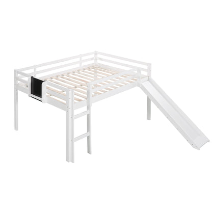 Anwickmak Full Size Loft Bed Wood Bed with Slide, Stair and Chalkboard, for Boys Girls Teens,Adults Saving Space,for Living Room Bedroom,White