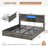 VIAGDO Wooden Bed Frame King Size with Bookcase Headboard and Sliding Barn Door, Farmhouse King Bed Frame with Charging Station, LED Lights and 4 Storage Drawers, No Box Spring Needed, Grey VIAGDO