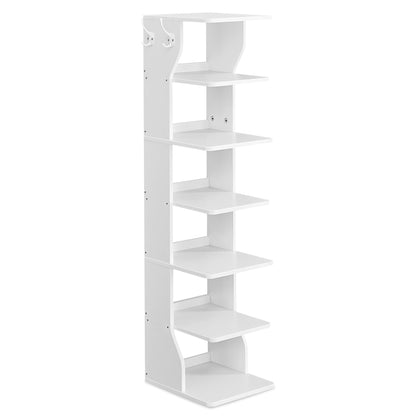 VASAGLE 7-Tier Vertical Shoe Rack, Narrow Shoe Storage Organizer with Hooks, Slim Corner Shoe Tower Rack, Space Saving for Entryway and Bedroom, White ULBS200T14