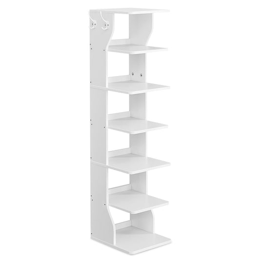 VASAGLE 7-Tier Vertical Shoe Rack, Narrow Shoe Storage Organizer with Hooks, Slim Corner Shoe Tower Rack, Space Saving for Entryway and Bedroom, White ULBS200T14