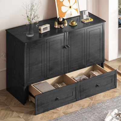PUREMIND Queen Murphy Bed with Mattress Included - Solid Wood - Hideaway Chest Beds with 2 Storage Drawers, USB Charging Ports - Space Saving Murphy Cabinet Bed for Guest Room, Bedroom