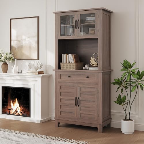 GarveeHome 72 in Tall Kitchen Pantry Cabinet, Kitchen Hutch Bar Cabinet with Microwave Stand, Cupboard with Drawers Glass Doors for Dining Room, White (Brown, 32" Wide) GarveeHome