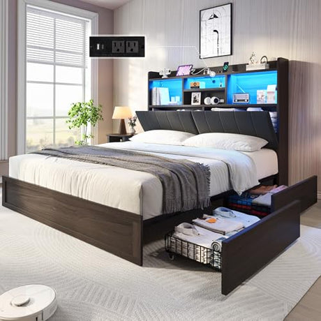 LUXOAK King Farmhouse Bed Frame with Bookcase Headboard and 4 Drawers, LED Storage Bed with Charging Station & Linen Upholstered, No Box Spring Needed,Black LUXOAK