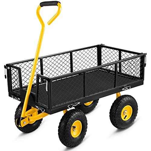 VEVOR Steel Garden Cart, Heavy Duty 500 lbs Capacity, with Removable Mesh Sides to Convert into Flatbed, Utility Metal Wagon with 180° Rotating Handle and 10 in Tires, Perfect for Garden, Far - WoodArtSupply