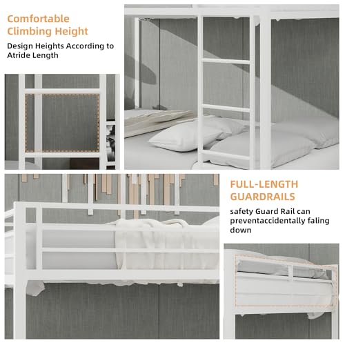 HSUFLWS Metal Queen Over Queen Bunk Bed with Trundle, Heavy Duty Bunk Beds with Full-Length Guardrails & Double Side Ladders, 3 Bunk Beds for Kids Teens Adults, Noise-Free (White, Queens Over Queens) HSUFLWS