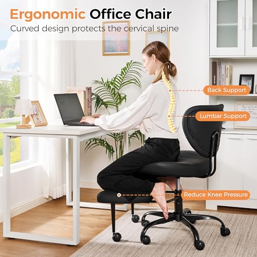 Cross Legged Office Chair, Ergonomic Criss Cross Chair with Wheels, 360° Swivel Height-Adjustable Meditation Chair for Yoga & ADHD, Wide Kneeling Chair with Strong Lumbar Support (Black) BPY01B BEWISHOME