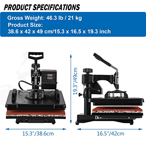 TOPDEEP 5 in 1 Heat Press Machine, 12x15 inch Swing Away Heat Press for Sublimation, T Shirt Pressing Machine Multifunction, Heat Press Transfer Machine Combo for T-Shirt Hat Cap Mug Plate Cap Topdeep