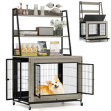 Giantex Dog Crate Furniture with Storage Shelves, 38" Furniture Style Indoor Dog Kennel on Wheels, 3 Doors, Flip Top Lid, Removable Pull-Out Tray, Dog Cage Pet House for Large Dogs, Oak Gray Giantex