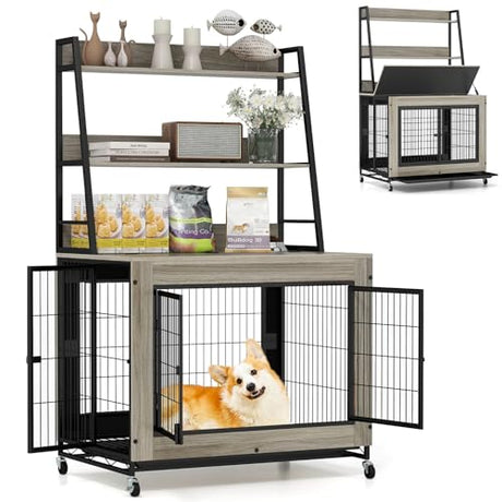 Giantex Dog Crate Furniture with Storage Shelves, 38" Furniture Style Indoor Dog Kennel on Wheels, 3 Doors, Flip Top Lid, Removable Pull-Out Tray, Dog Cage Pet House for Large Dogs, Oak Gray Giantex