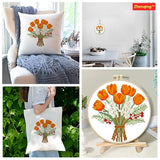 Zhenqing Orange Tulip Bouquet Cross Stitch Kit for Beginners - Complete Set with Pre-Printed 11CT 24x24cm Fabric, Hoop & Threads(70359)