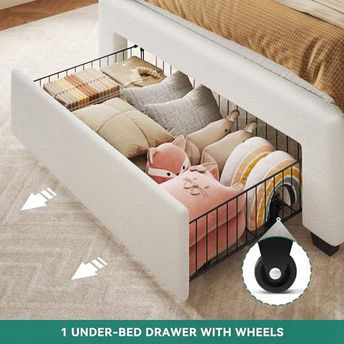 YITAHOME Twin Size Bed Frame with Drawer, Adjustable Headboard with Charging Station and LED Lights, Upholstered Platform Bed with Heavy Duty Wood Slats, No Box Spring Needed, Easy Assembly, Beige YITAHOME