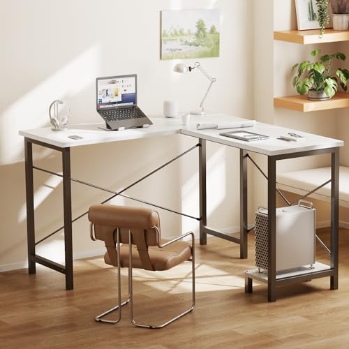 DUMOS L Shaped Desk, Computer Gaming Desks Corner Office Table with CPU Shelf for Home Study Writing Work Station 50 Inch, White DUMOS