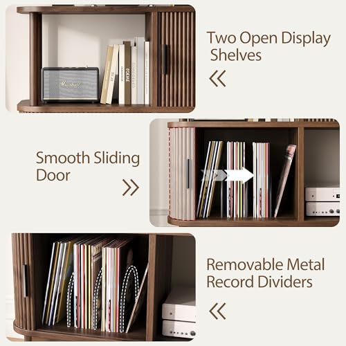 OneBlis 40" Large Record Player Stand with Charging Station, Mid Century Modern Turntable Cabinet with Sliding Doors, Wood Vinyl Record Storage Stand for Living Room Music Corner OneBlis