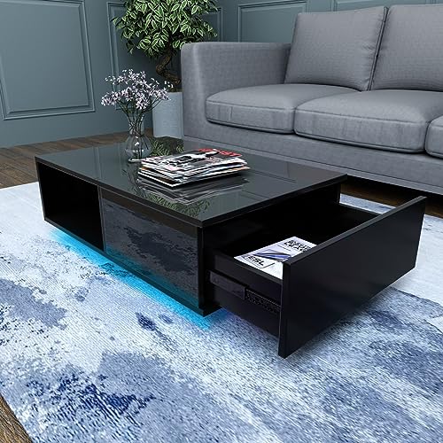 COSVALVE High Gloss LED Coffee Table with Drawer & 16 Colors LED Lights, Modern Living Room Coffee Table with Storage Space, Rectangle Sofa Side Central Table, Black (AA Battery) COSVALVE