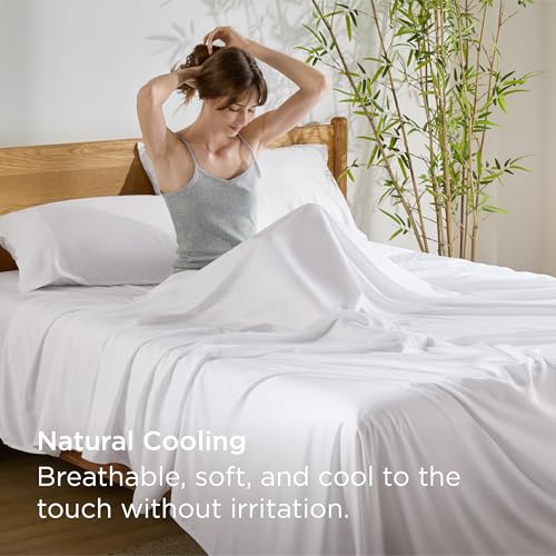 Bedsure Full Size Bed Sheets, Cooling Sheets, Rayon Derived from Bamboo, Deep Pocket Up to 16", Breathable & Soft, Hotel Luxury Silky Bedding for Hot Sleepers, White Bedsure