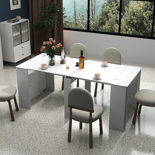 HOMBIX Expandable Dining Table, Transformer Console to Dining Table for 12, Folding Space Saving Dining Room Table with Elegant Marble Top, Marble White HOMBIX