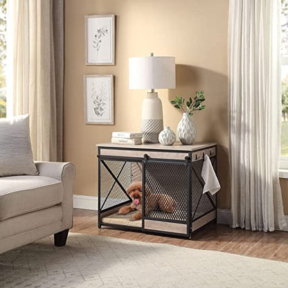 unipaws Furniture Style Sliding Door Dog Crate for Medium Dogs, Indoor Aesthetic Puppy Kennel, Modern Decorative Wood Wire Pet House Dog Cage, Pretty Cute End Side Table Nightstand, Grey - WoodArtSupply