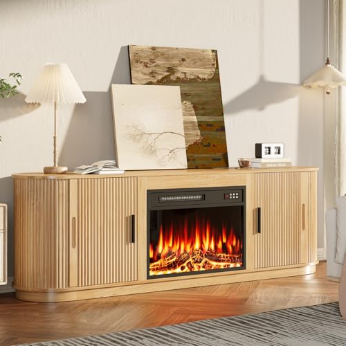 Vitesse Fluted 70 TV Stand with 23" Electric Fireplace Heater, Entertainment Center with Storage and Adjustable Shelves,Modern Media Console Table with Sliding Doors for Living Room, Bedroom (Wood VITESSE