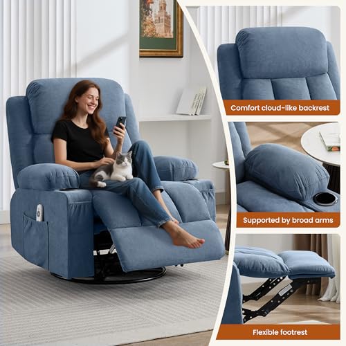 MAHOMICO Swivel Rocker Recliner Chair with Vibration Massage and Heat for Living Room,with Rocking Function and Side Pocket, USB Charge Port,2 Cup Holders MAHOMICO