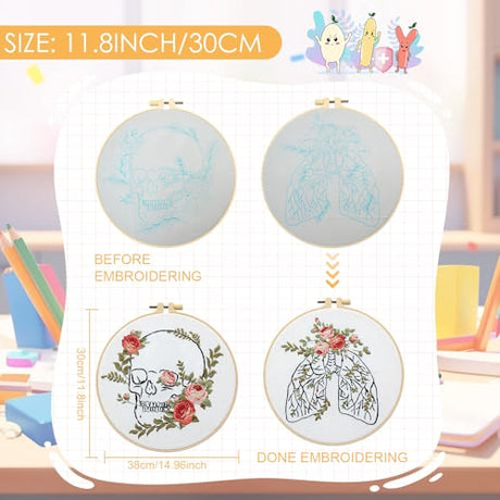 5 Sets Skull Embroidery Kits for Beginners Adults, Anatomy Embroidery Starter Kit for Doctors Nurses Christmas Gifts with Floral Stamped Pattern DIY Needlepoint Kit Cross Stitch Set Includes 2 Hoops CMINAUS