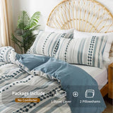 Washed Cotton Twin Size Duvet Cover Set - Tufted Dots Boho Chic Bedding for All Seasons, Striped Bohemain Bedding Linen Like Textured Breathable Durable Soft Comfy (Blue, 66''x90'') La Sheer