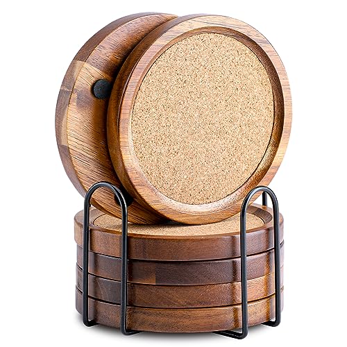 Wood Cork Coasters for Drinks Absorbent with Holder, Acacia Wood Coaster Sets Rustic Farmhouse for Coffee Table Dining Table Wooden Table Coasters for Desk, Set of 6 4.33in WLWNWFT