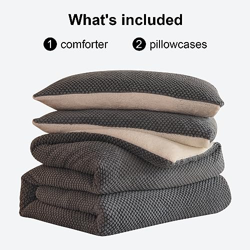LLanCL 3D Jacquard Design Comforter Set, Ultra-Soft Warm Queen Size Sherpa Fur Plush 3-Pieces Sets Luxury Cozy Bedding with 2 Pillowcases (90"x90", Grey) LLanCL