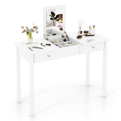 CHARMAID Makeup Vanity Desk - 44 inch White Vanity Desk with Flip Top Mirror, 2 Large Drawers, 9 Storage Compartments, Girls Makeup Dressing Table Writing Desk for Bedroom Home Office CHARMAID