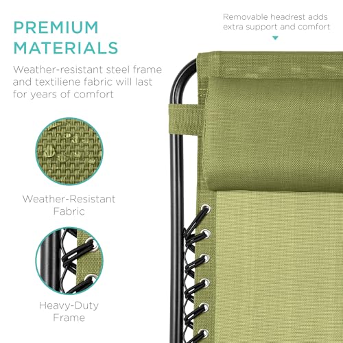 Best Choice Products Set of 2 Adjustable Steel Mesh Zero Gravity Lounge Chair Recliners w/Pillows and Cup Holder Trays - Dusty Green/Black