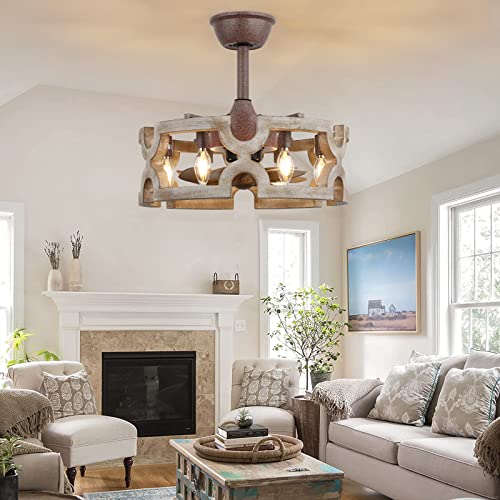 CICIYIG Ceiling Fans with Lights, Farmhouse Ceiling Fan Light Caged, 18" Rustic Boho Fan Lights Wood Chandelier Fan Fixtures Vintage Bladeless Ceiling Fan Remote Dining Room 6xE12 Base (White-1) CICIYIG