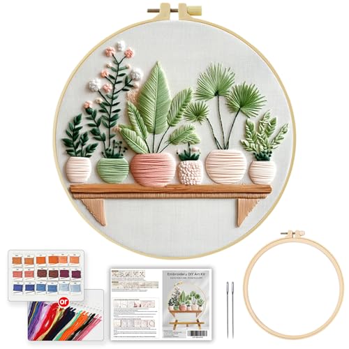 Embroidery Kit for Beginners & Adults,Green Plant Pattern Embroidery Kit Include Embroidery Cloth Hoops Threads for Craft Lover Hand Stitch with Embroidery Skill Techniques,Perfect Handmade Gift