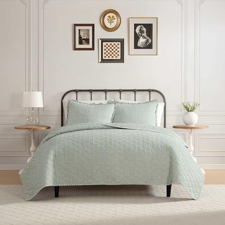 Laura Ashley - Full/Queen Quilt Set, Pre-Washed Cotton Bedding with Matching Sham, Lightweight for Year Round Use, Oeko-Tex Certified (Gracies Gingham Green) Laura Ashley