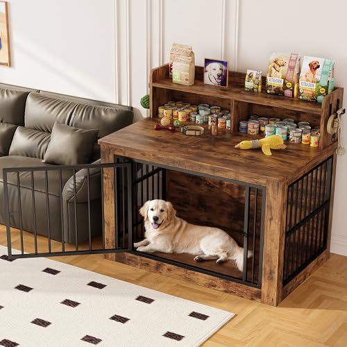 IRONCK Extra Large Dog Crate Furniture, 43.3 inches Wooden Dog Crate with Storage and 4 Hooks, Heavy Duty Pet Crate for Large Dog, Decorative Pet Cage for Indoor (30" L x 43.3" W x 41.1" H) IRONCK
