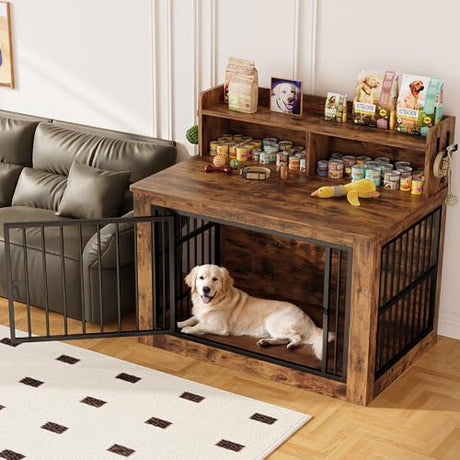IRONCK Extra Large Dog Crate Furniture, 43.3 inches Wooden Dog Crate with Storage and 4 Hooks, Heavy Duty Pet Crate for Large Dog, Decorative Pet Cage for Indoor (30" L x 43.3" W x 41.1" H) IRONCK
