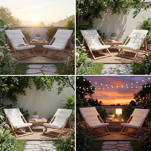 DAYAOUTDOOR Folding Wooden Lounge Chairs Set of 2, Outdoor Adjustable Reclining Patio Beach Chair with Thick Cushion, Portable Deck Lounge Chair for Backyard Lawn Pool Camping Balcony, Beige