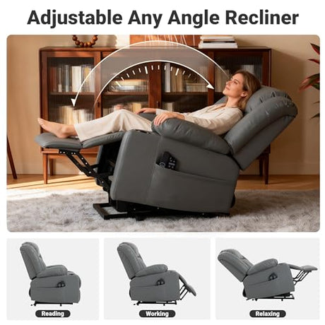 Culect Electric Lift Recliner with Massage Heating Function Mild Zero-Gravity and Stand-Assist Feature, Recliner Chair with 2 Remote Controls and USB Port, Large Side Pockets, Gray PU Culect