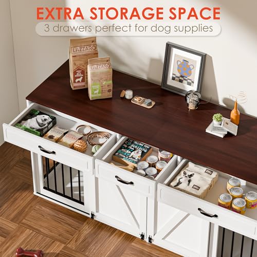 Zamildon's 71 in Dog Crate Furniture for 1 or 2 Dogs, Large Double Dog Cage with 3 Storage Drawers and Removable Divider, Dog Kennel Indoor As TV Stand with Sliding Barn Door Zamildon's
