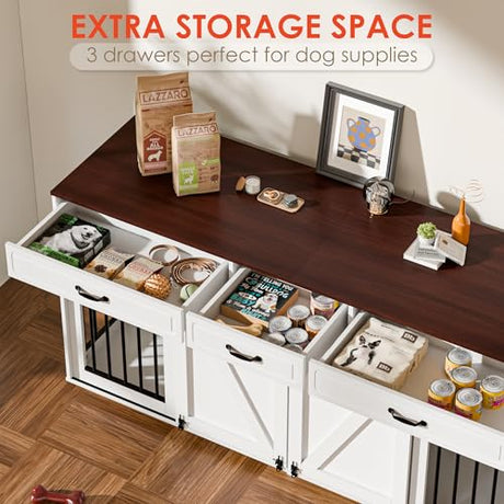 Zamildon's 71 in Dog Crate Furniture for 1 or 2 Dogs, Large Double Dog Cage with 3 Storage Drawers and Removable Divider, Dog Kennel Indoor As TV Stand with Sliding Barn Door Zamildon's