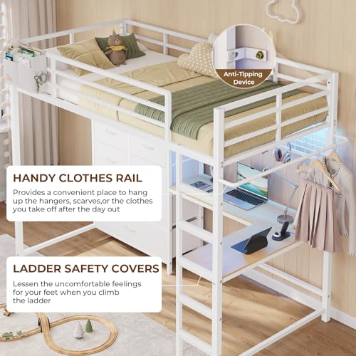 DICTAC Twin Size Loft Bed with L-Shaped Desk and 7 Storage Drawers,Metal Twin Loft Bed for Kids with LED Lights and Charging Station,13.11" H Safety Guardrail and Ladder,No Box Spring Needed, White DICTAC