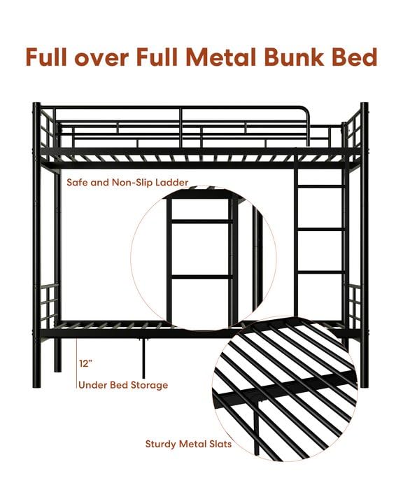 Miscoos Full Over Full Metal Bunk Bed for Kids, Convertible into 2 Separate Full Beds, Heavy Duty Bunk Bed Frame with High Guardrail and Built-in Ladder, No Box Spring Needed, Noise Free, Black Miscoos