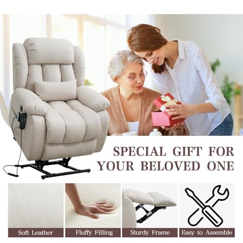 Infinite Position Lay Flat Lift Recliner Chair for Adults, Dual Motor Power Lift Chair for Elderly with Massage & Heating, USB Ports, Remote Control & Lumbar Pillow, Linen Fabric (Ivory)