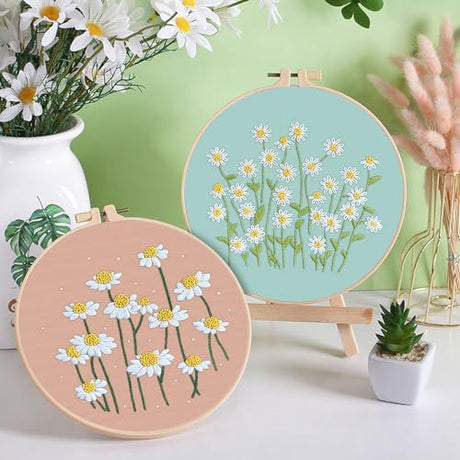 ERKOON 4 Set Embroidery Kit for Beginners, Cross Stitch Set Include Embroidery Cloth Hoops Threads for Craft Lover Hand Stitch with Embroidery Skill Techniques (Daisy) ERKOON
