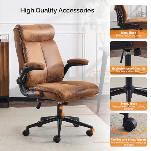 VINGLI Microfiber Brown Rolling Ergonomic Office Desk Chair with Padded Flip-up Arms, 360°Swivel High Back Executive Computer Chair with Wheels for Game，Home Small Space, Study Room, Reading Room VINGLI