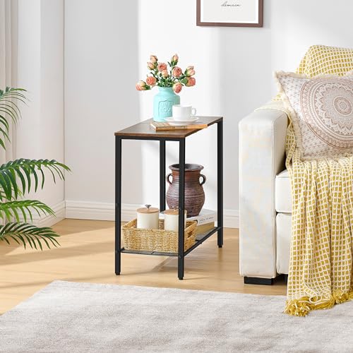 Hoctieon 2 Tier End Table, Sofa Side Table, Narrow Side Table with Storage, Slim Nightstand for Small Spaces, Metal Frame, for Living Room, Bedroom, Sofa Couch, Hall, Rustic Brown Hoctieon