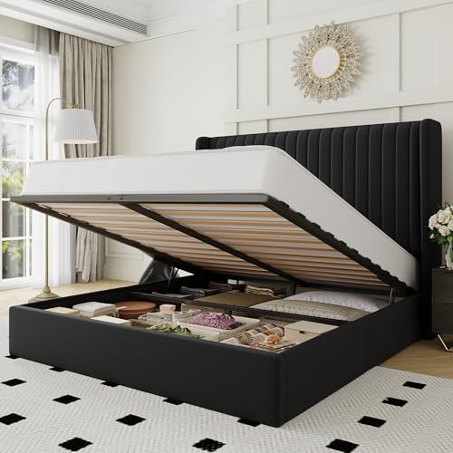 Allewie Queen Size Lift Up Storage Bed Frame, Hydraulic Support System, Upholstered Platform Bed Frame, Underneath Storage, Vertical Channel Tufted Headboard with Wingback, No Box Spring Needed, Black Allewie