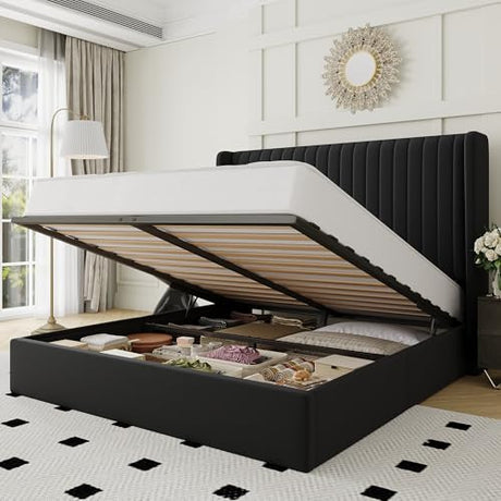 Allewie Queen Size Lift Up Storage Bed Frame, Hydraulic Support System, Upholstered Platform Bed Frame, Underneath Storage, Vertical Channel Tufted Headboard with Wingback, No Box Spring Needed, Black Allewie